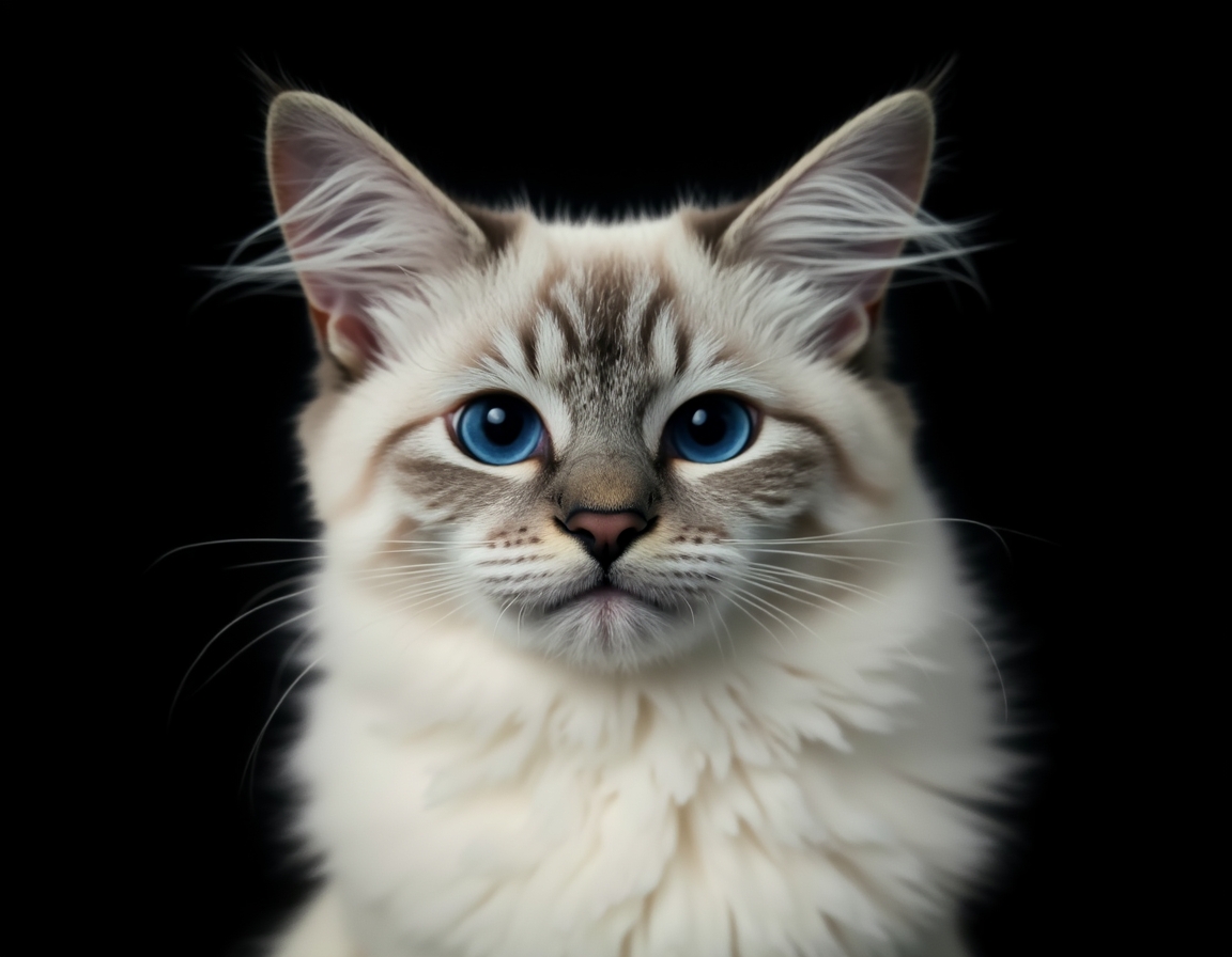 Close-up portrait of cat on a black background, with its alert expression and intricate details of its fur and whiskers in sharp focus.